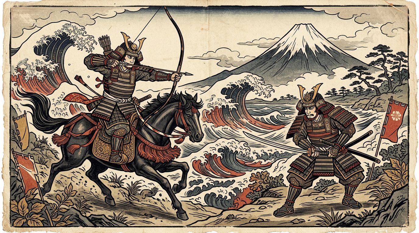 Ukiyo-e style illustration of two samurai in lamellar armor, one mounted with a bow and one with a katana — the real history of samurai and ninja