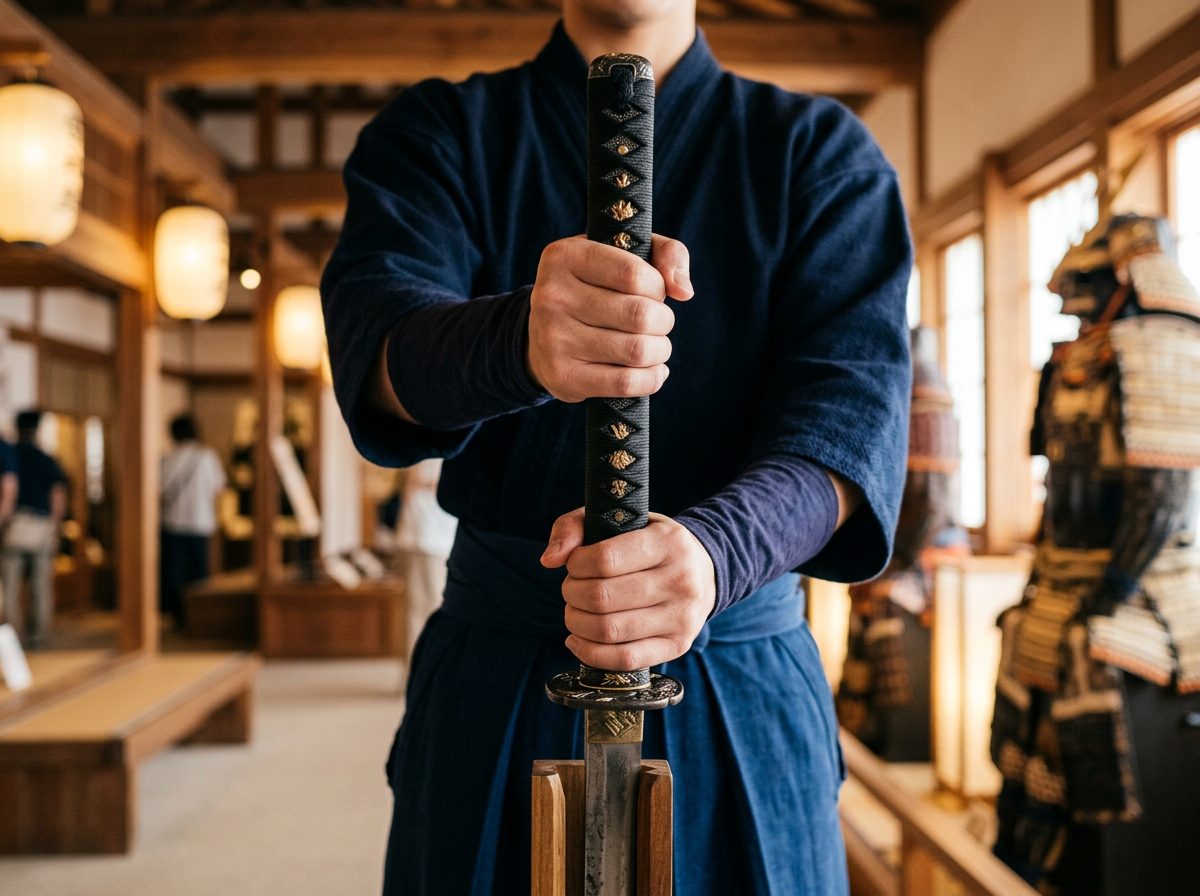 Correct two-handed katana grip close-up — hands on the braided hilt during a samurai sword lesson in Tokyo