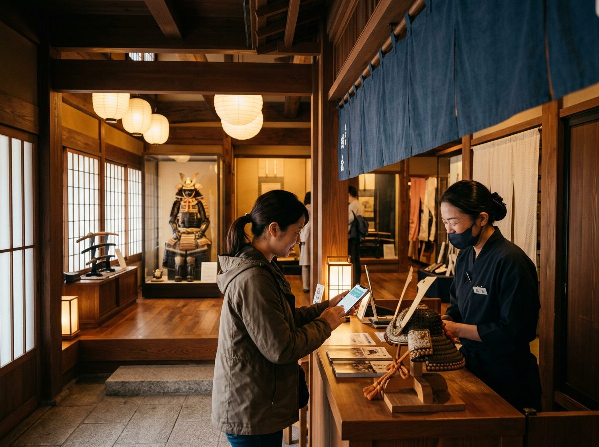 Samurai museum Tokyo tickets — visitor showing a phone voucher at the museum reception counter with samurai armor on display