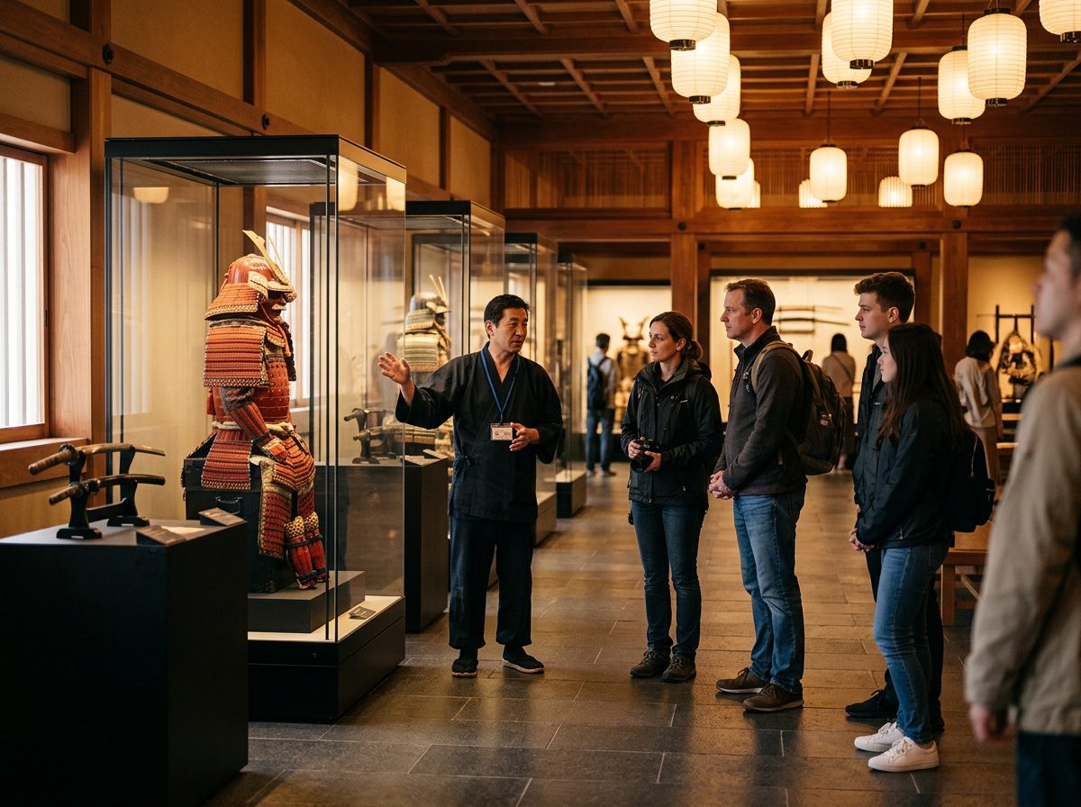 Samurai Ninja Museum Tokyo guided tour group examining samurai armor and katana exhibits in Asakusa