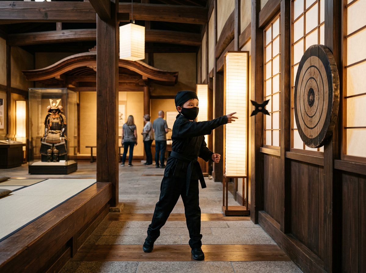Child in full ninja costume during kid-friendly ninja training at the Samurai Ninja Museum Asakusa Tokyo