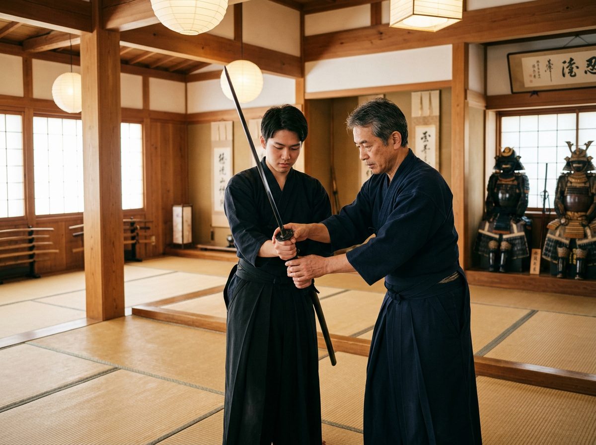 Samurai sword lesson at the Samurai Ninja Museum Tokyo — instructor correcting a student's katana stance